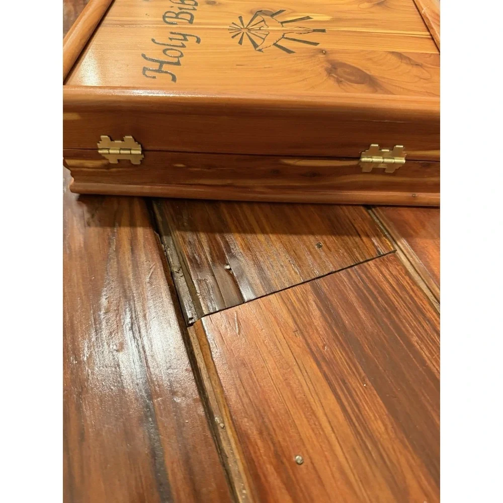 Vintage Cedar Box Wooden Storage Case With Holy Bible Blue Felt Lined Hinged